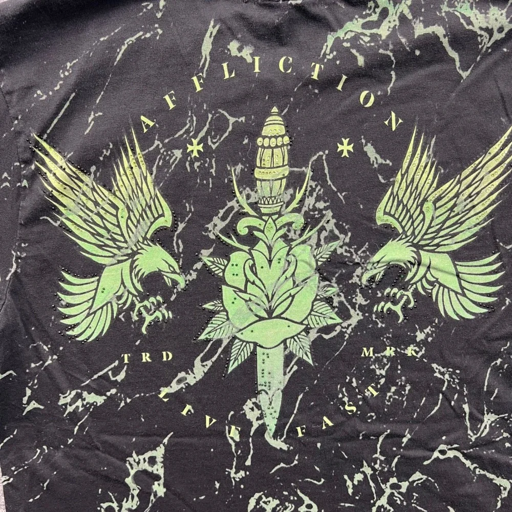 Affliction‎ T Shirt Mens Small Black Green Black Label Marble Winged Graphic Tee